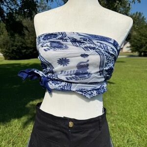 Blue and White Scarf Top
